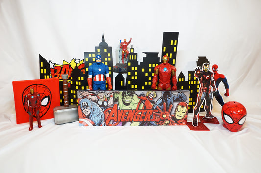 Figurines of Ironman, Captain America, Spiderman, and signs and skyline of city
